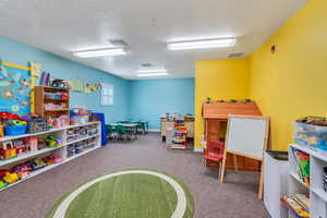 Playroom with a textured ceiling and carpet