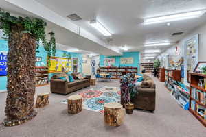 Living room featuring carpet flooring and a textured ceiling