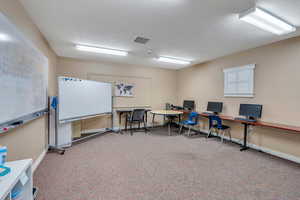 Office space featuring a textured ceiling and carpet flooring