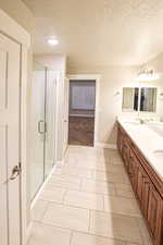 Bathroom featuring vanity, a textured ceiling, and walk in shower