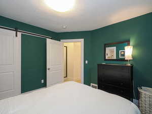 Main bedroom view to hallway. closet has barndoor for easy access.