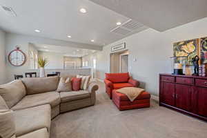 Living room featuring a textured ceiling and light colored carpet