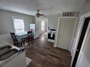 Kitchen with dark wood finished floors, visible vents, plenty of natural light, and white appliances