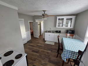 Kitchen with a sink, glass insert cabinets, light countertops, electric range, and dark wood-style flooring