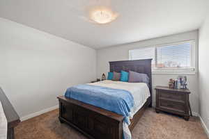 Large Side: Bedroom 1 with light colored carpet and baseboards