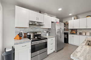 Large Side: Kitchen with under cabinet range hood, white cabinetry, stainless steel appliances, and backsplash