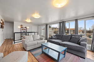 Large side: Living area with light wood-type flooring and floor to ceiling windows