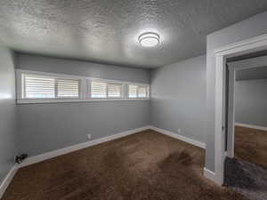 Spare room with carpet flooring, a textured ceiling, and baseboards