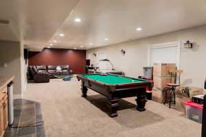 Game room with baseboards, dark carpet, billiards, and recessed lighting