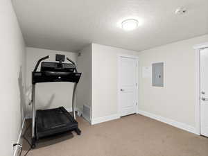 Exercise area featuring carpet floors, visible vents, a textured ceiling, electric panel, and baseboards