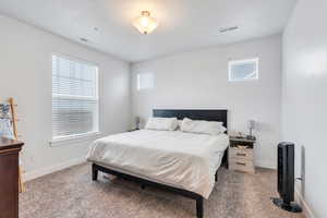 Bedroom featuring light colored carpet, visible vents, and baseboards