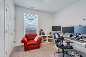 Home office featuring carpet, visible vents, and baseboards