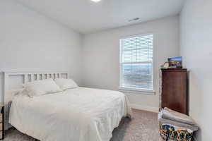 Bedroom with carpet, visible vents, and baseboards