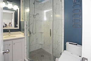 Full bath featuring a stall shower, vanity, and toilet