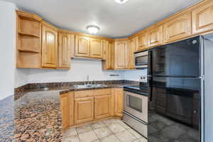 Kitchen featuring a sink, stainless steel appliances, dark stone counters, and open shelves