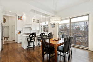 Dining space featuring dark wood-style flooring and a wealth of natural light