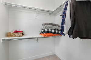 Walk in closet with light colored carpet