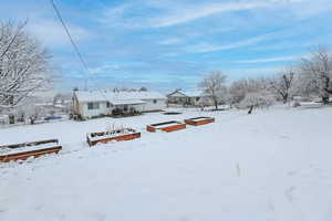 Yard layered in snow with a vegetable garden