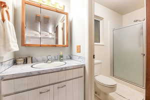 Full bath featuring toilet, a shower stall, vanity, and tile patterned floors