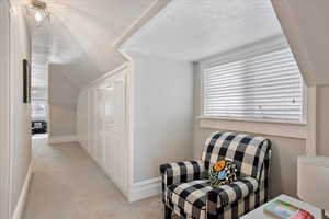 Sitting room featuring light carpet, baseboards, vaulted ceiling, and a textured ceiling