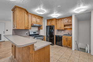 Kitchen with under cabinet range hood, a peninsula, a sink, light countertops, and black appliances