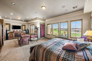 Bedroom featuring recessed lighting, carpet flooring, visible vents, baseboards, and a tray ceiling