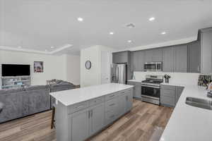 Kitchen featuring a center island, light countertops, gray cabinetry, appliances with stainless steel finishes, and open floor plan