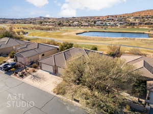 Aerial perspective of suburban area featuring a water and mountain view