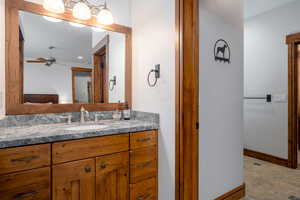 Bathroom with ceiling fan and vanity