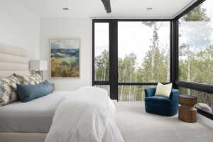 Bedroom with carpet, multiple windows, and visible vents