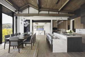 Kitchen with light countertops, wooden ceiling, a sink, and pendant lighting