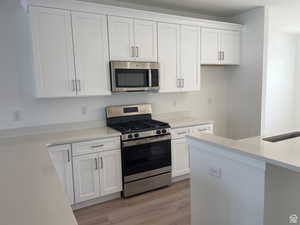 Kitchen featuring light countertops, appliances with stainless steel finishes, white cabinetry, and light wood-style floors