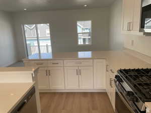 Kitchen featuring white cabinets, light wood-style flooring, appliances with stainless steel finishes, light countertops, and recessed lighting