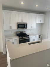 Kitchen with white cabinets, an island with sink, stainless steel appliances, light countertops, and a sink