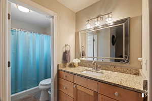 Full bathroom featuring toilet, a stall shower, and vanity