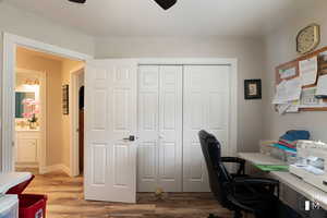 Home office with a sink and wood finished floors