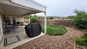 View of yard with french doors, a patio area, a fenced backyard, and a mountain view