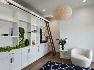 Beautiful shelving with a rolling library ladder, dark wood-style flooring, and recessed lighting