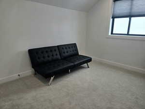 Bedroom with light-colored carpet, vaulted ceiling, and baseboards