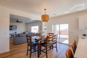 Dining area with light wood-style floors, visible vents, baseboards, and ceiling fan with notable chandelier