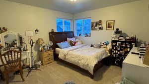 Bedroom featuring light colored carpet