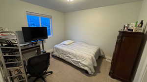 Carpeted bedroom with a textured ceiling