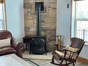 Living area featuring wood finished floors, a gas stove, and baseboards