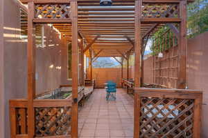 View of patio / terrace with a fenced backyard, a garden, and a pergola