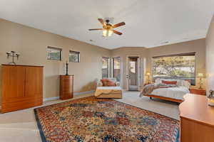 Bedroom with access to exterior, carpet, visible vents, and baseboards