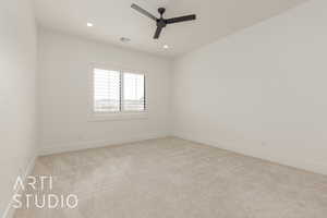 Unfurnished room with recessed lighting, visible vents, baseboards, and light colored carpet