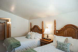 Bedroom featuring lofted ceiling and a textured ceiling