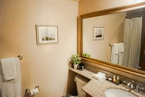 Full bathroom with toilet, a textured wall, and vanity