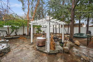 View of patio / terrace featuring a fenced backyard and a pergola