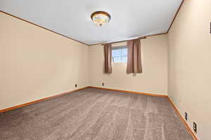 Carpeted spare room featuring crown molding.  Currently used as primary bedroom